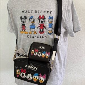 Disney Black Mickey & Friends Crossbody Bag, Wallet, Shirt Sz M Character Faces